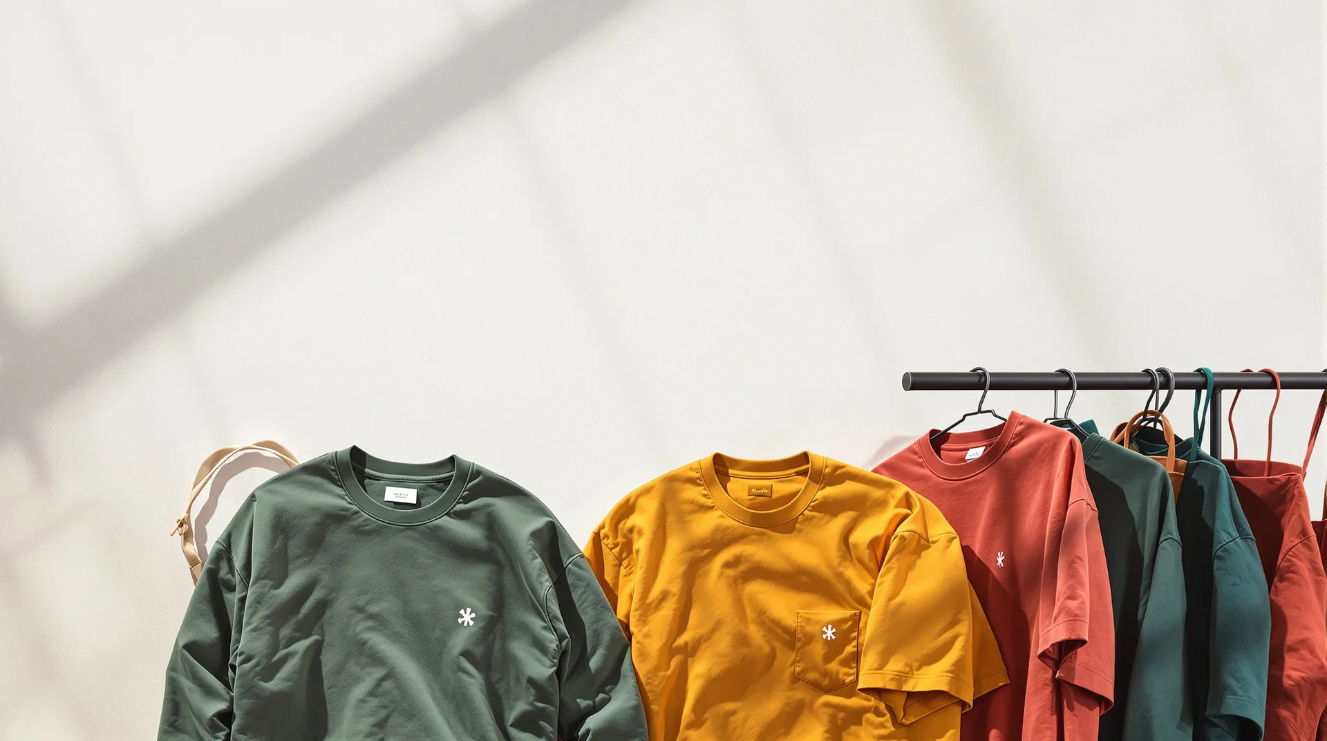 Sweats, t-shirts et casquette brodés pliés sur une table d’atelier